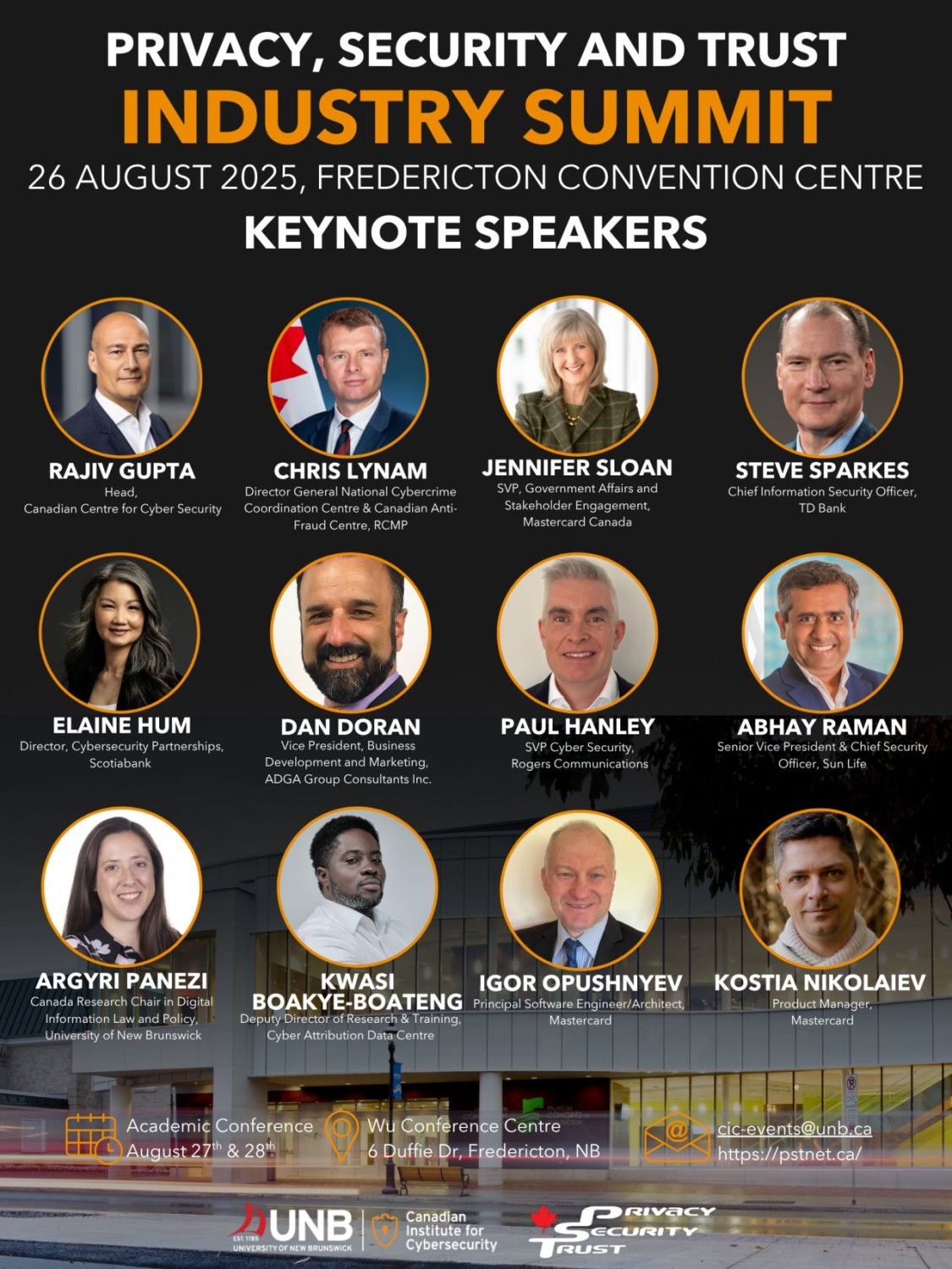 Keynote speakers for the 2025 Privacy, Security and Trust Industry Summit, held on August 26 at the Fredericton Convention Center. Hosted by the Canadian Institute for Cybersecurity at University of New Brunswick (UNB).