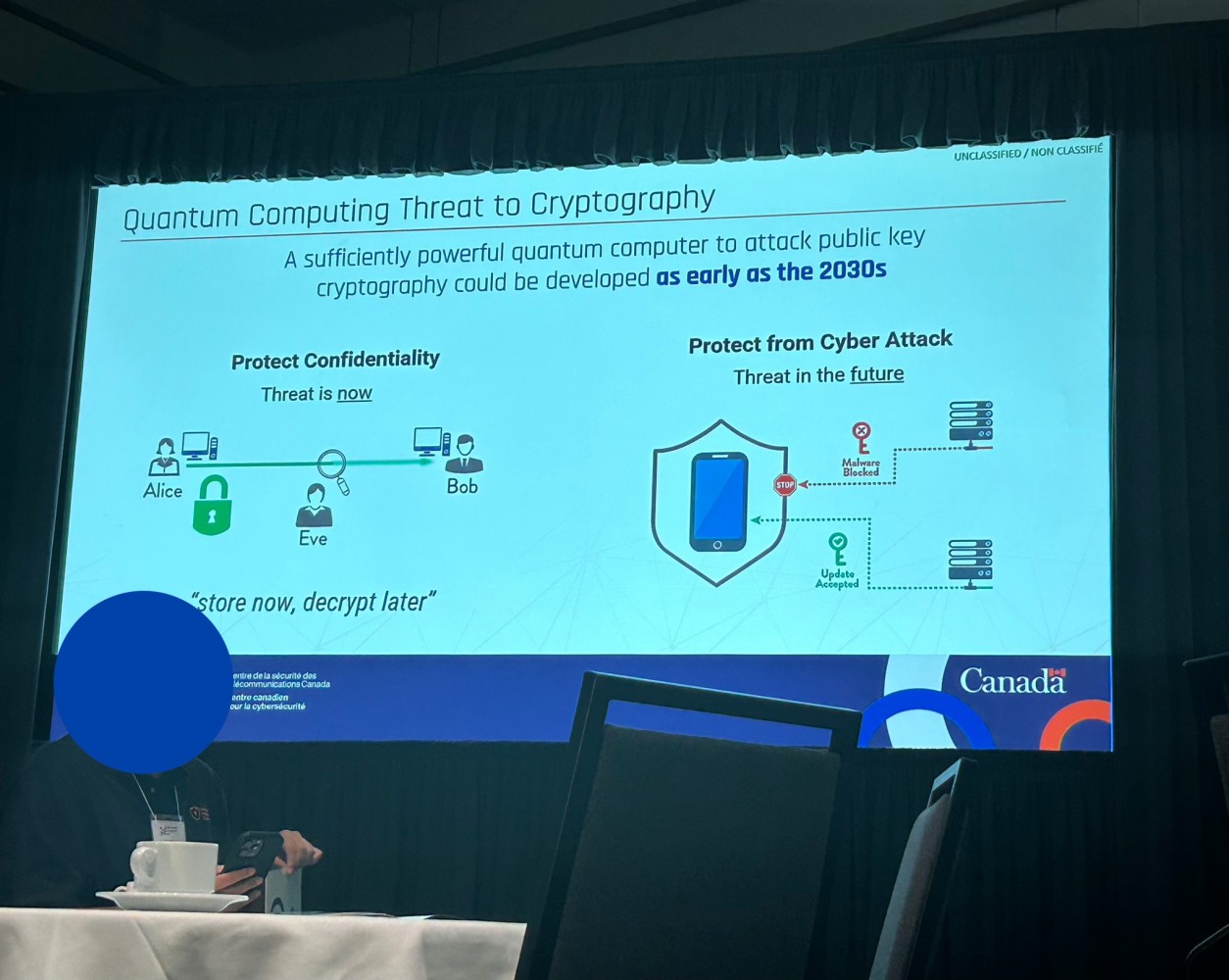Rajiv Gupta, Director of the Canadian Cyber Center, presents on the growing threat quantum computing poses to modern cryptographic systems at PST2025.