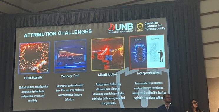 Dr. Kwasi Boakye-Boateng, Deputy Director of Research and Training at the Cyber Attribution Data Center (CADC), slide on Attribution Challenges, including concept drift, data scarcity, misattribution, and interpretability, at #PST2025.